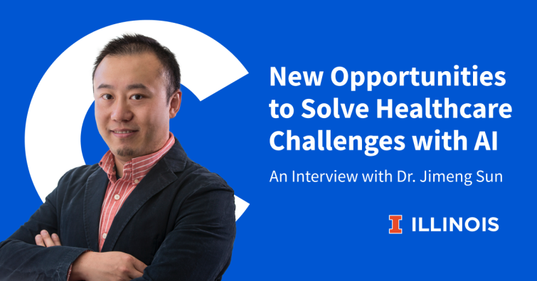 Photo of faculty interviewee with title "New Opportunities to Solve Healthcare Challenges with AI"